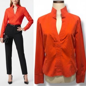 505 NaraCamicie | EUC Italy Bright Orange Mandarin-Collar Stretch Blouse (sz M)